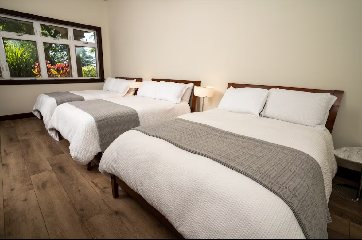 Bedroom with three beds and large windows facing tropical greenery